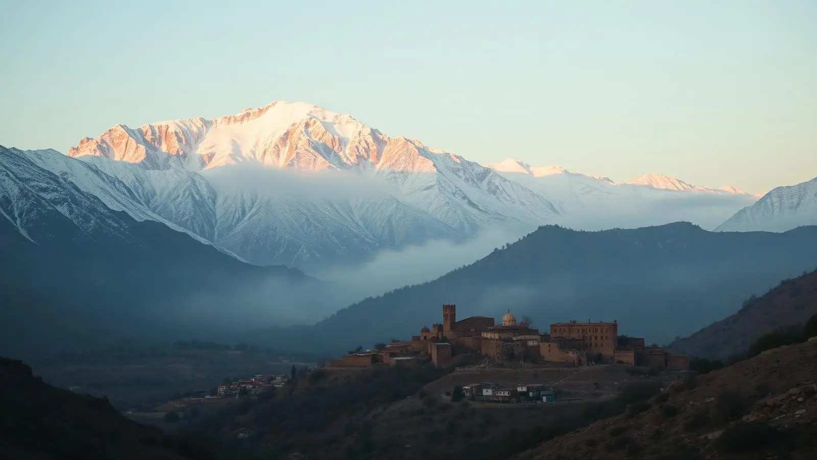 Village de pierre du Haut Atlas au lever du jour, sommets enneigés et brume