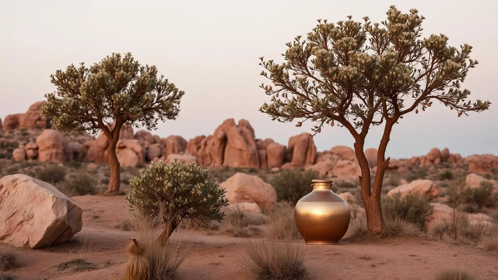 Rochers roses et amandiers en fleurs de l'Anti-Atlas au crépuscule, alambic de cuivre