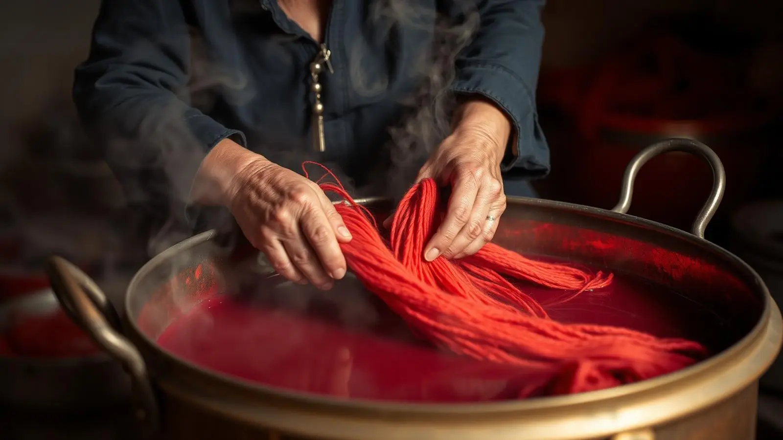 Mains plongeant des écheveaux de laine rouge dans un bain de teinture fumant