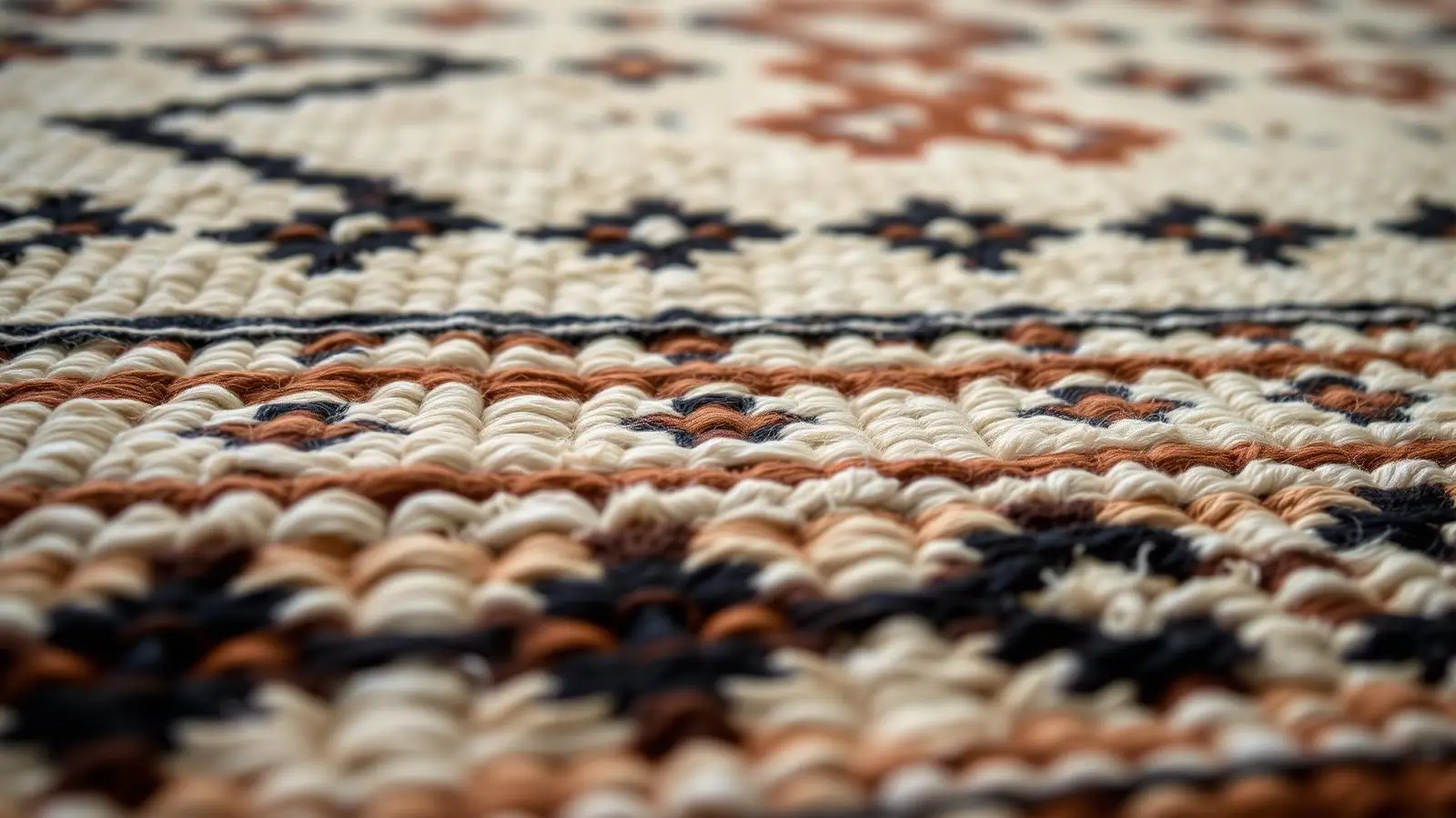 Gros plan de motifs amazighs tissés sur un tapis de laine, losanges et chevrons