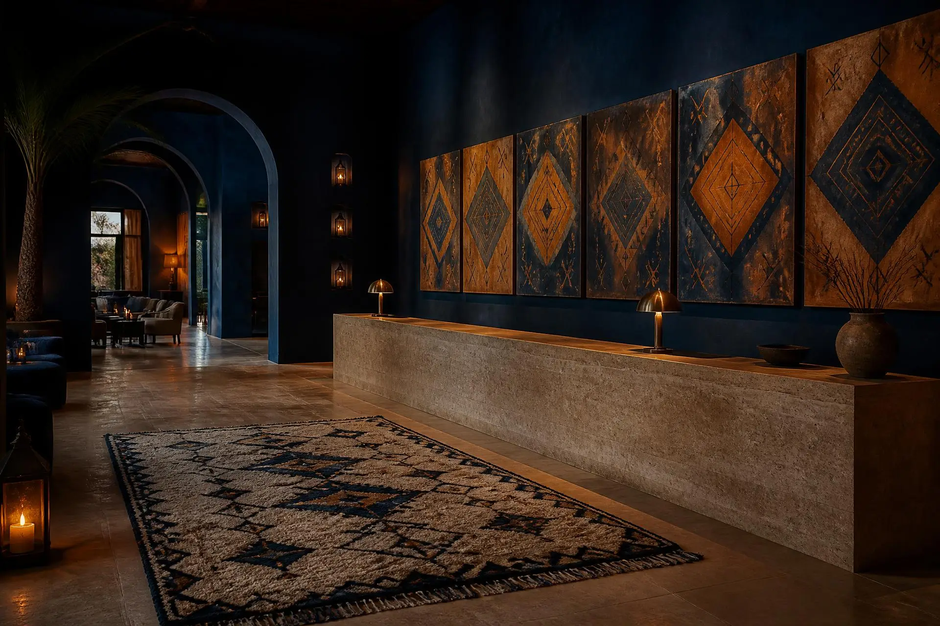 Hall d'hôtel aux murs bleu nuit où sont accrochées six toiles amazighes à losanges safran, tapis de laine noué au sol