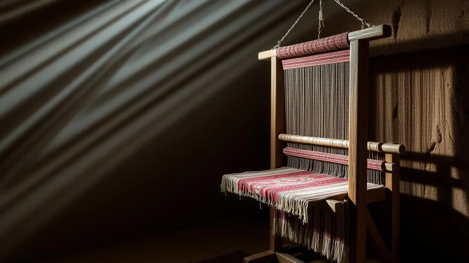 Métier à tisser vertical en bois avec un tapis de laine en cours, dans une pièce de terre