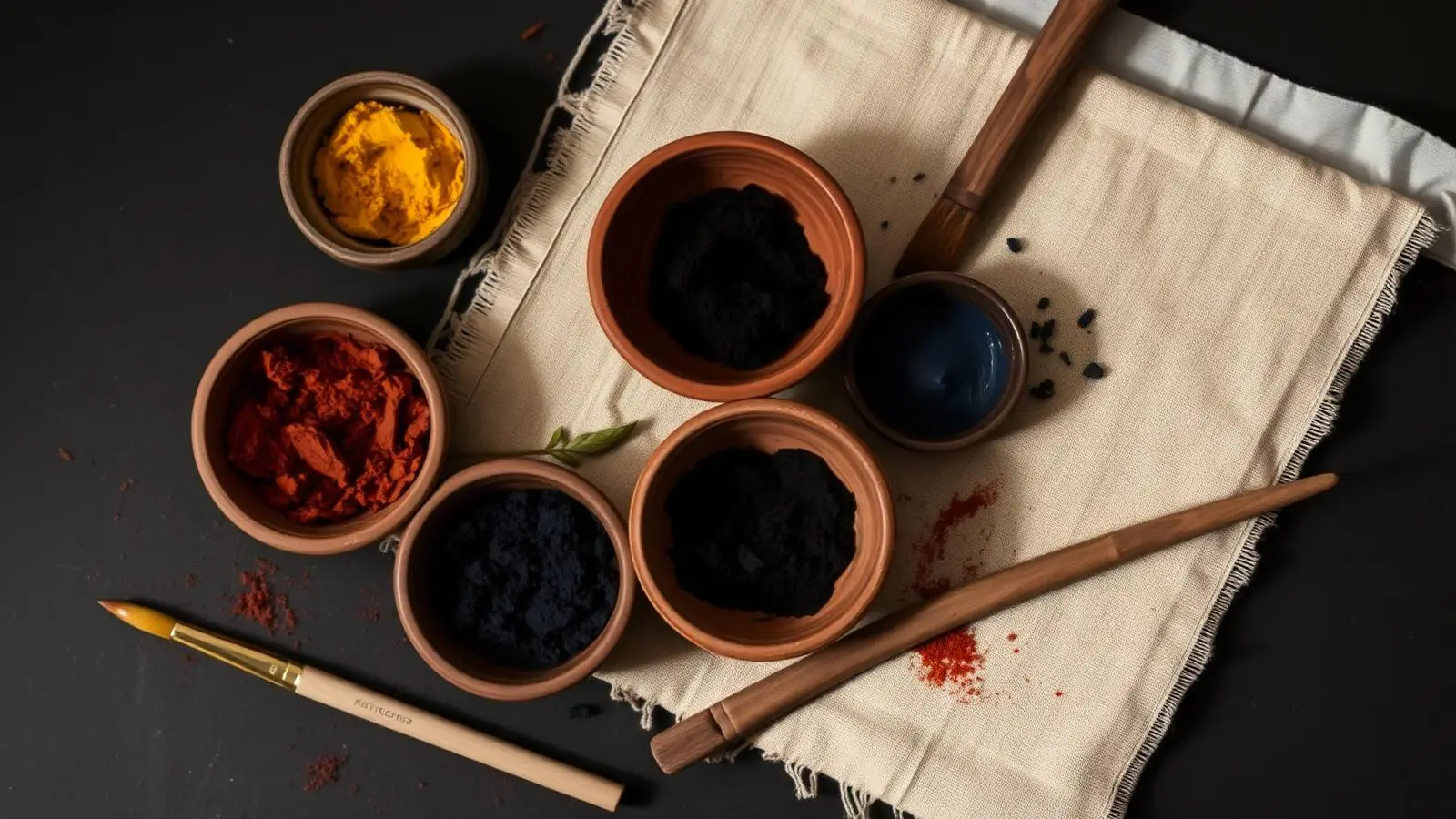 Pigments naturels dans des bols de terre, pinceaux et toile de lin brut